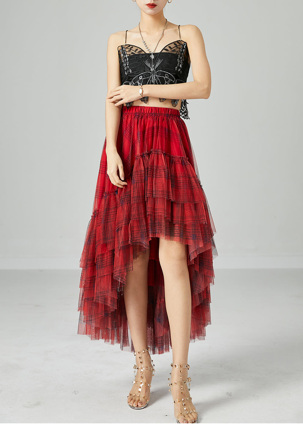 Beautiful Mulberry Asymmetrical Patchwork Wrinkled Tulle Skirt Summer LY2427 - fabuloryshop