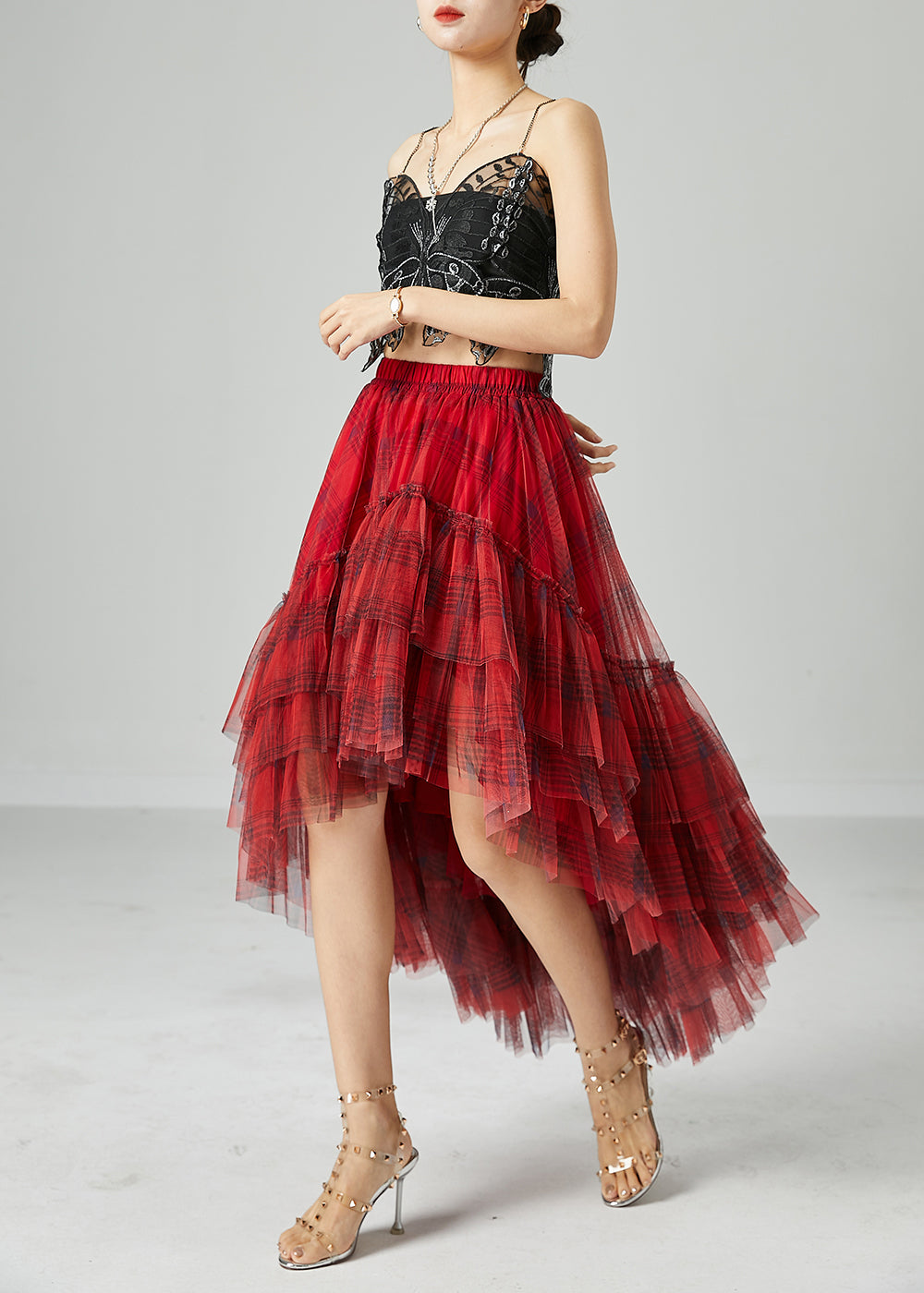 Beautiful Mulberry Asymmetrical Patchwork Wrinkled Tulle Skirt Summer LY2427