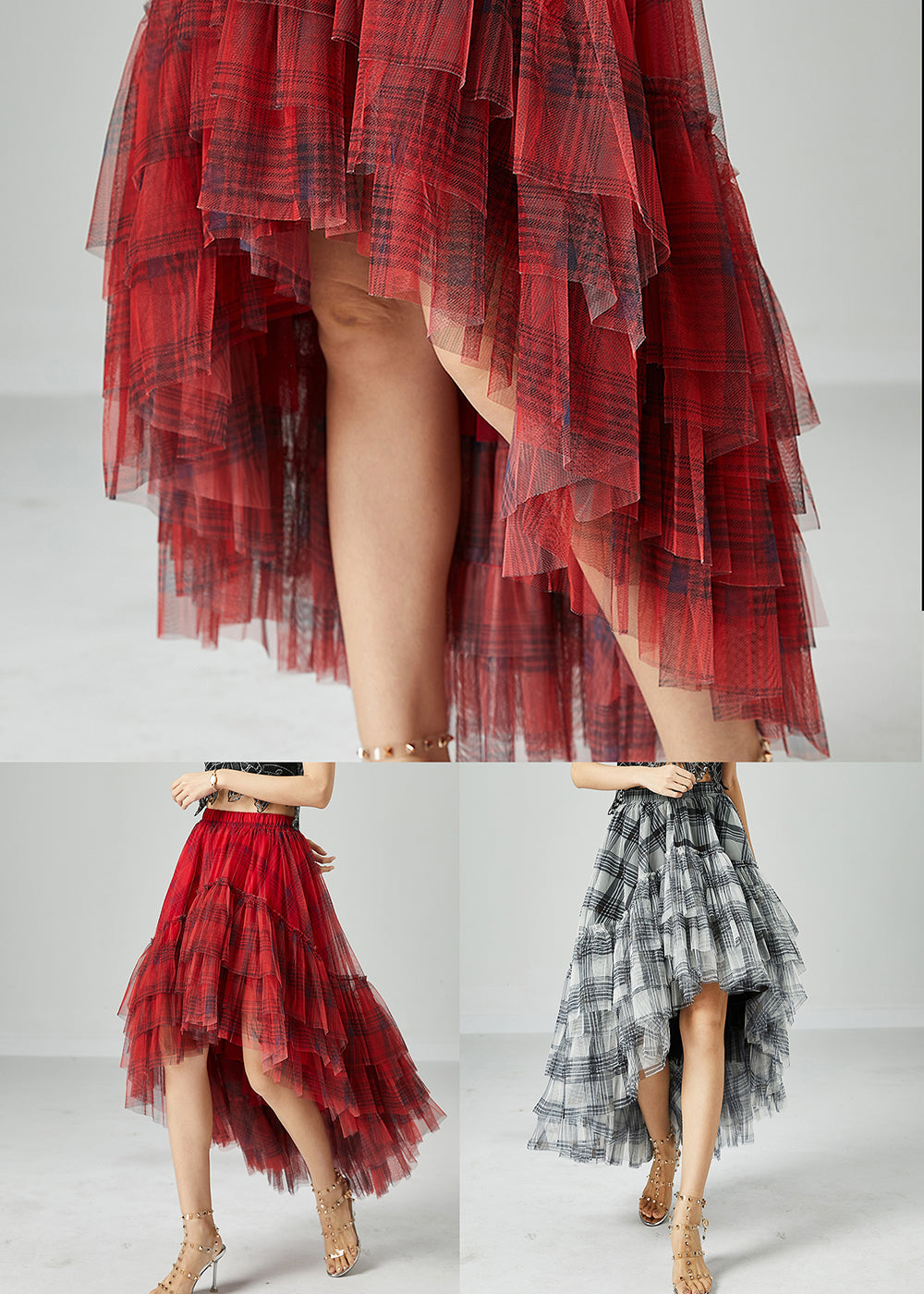 Beautiful Mulberry Asymmetrical Patchwork Wrinkled Tulle Skirt Summer LY2427