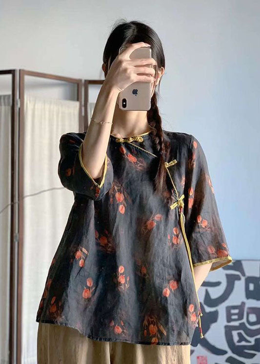 Beautiful Navy O Neck Print Chinese Button Patchwork Linen Tops Summer LY2532 - fabuloryshop