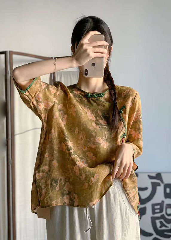 Beautiful Navy O Neck Print Chinese Button Patchwork Linen Tops Summer LY2532 - fabuloryshop