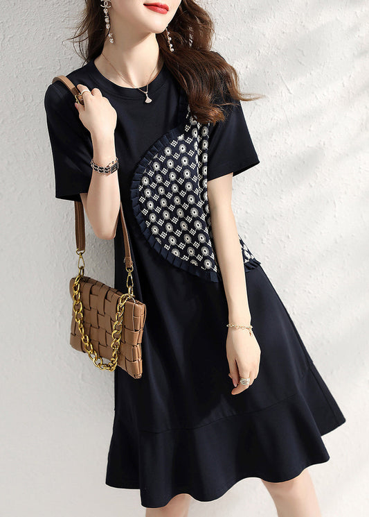 Beautiful Navy O Neck Ruffled Patchwork Cotton Dresses Summer Ada Fashion