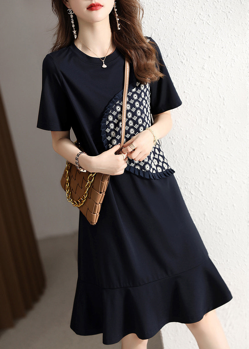 Beautiful Navy O Neck Ruffled Patchwork Cotton Dresses Summer Ada Fashion