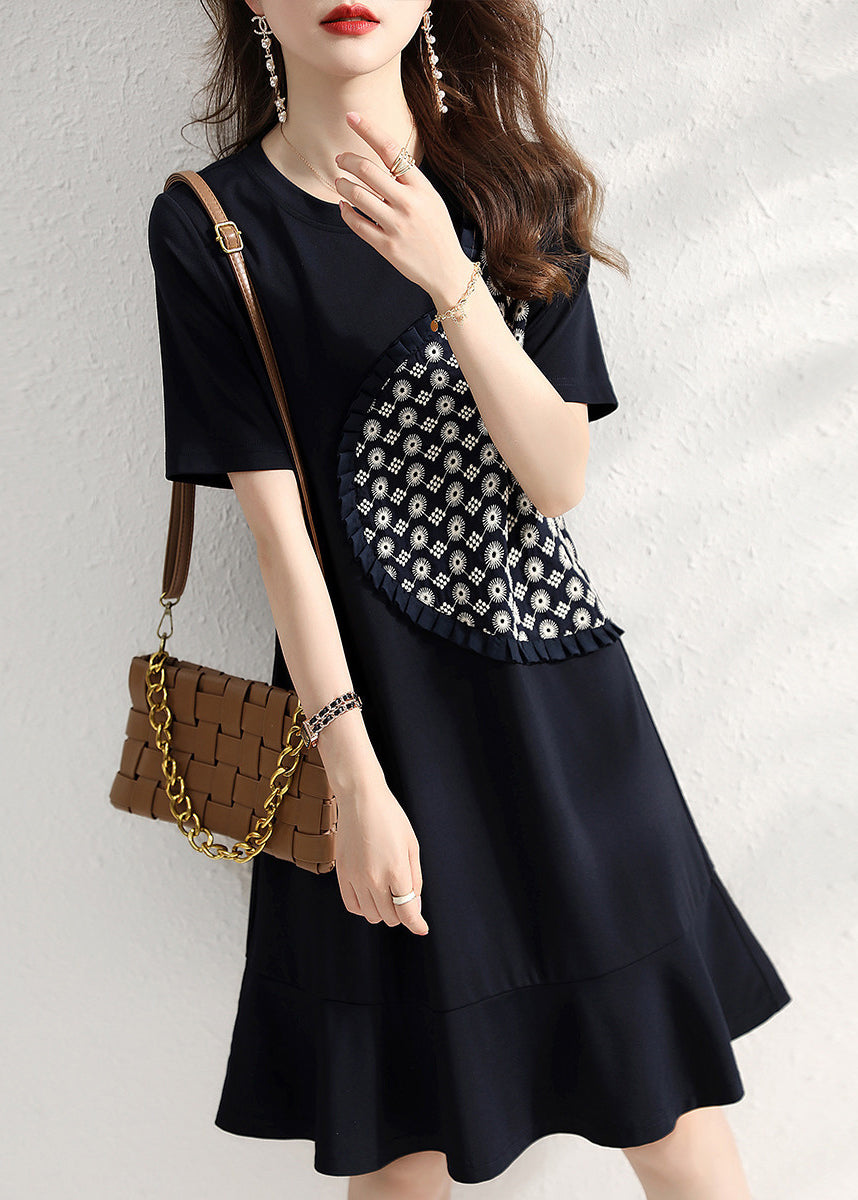 Beautiful Navy O Neck Ruffled Patchwork Cotton Dresses Summer Ada Fashion