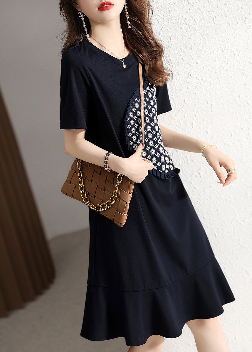 Beautiful Navy O Neck Ruffled Patchwork Cotton Dresses Summer Ada Fashion