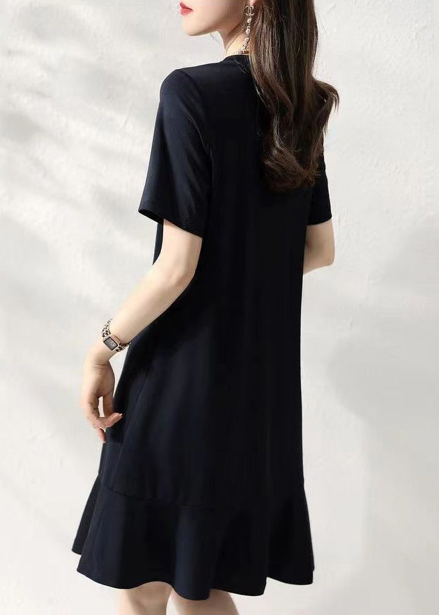 Beautiful Navy O Neck Ruffled Patchwork Cotton Dresses Summer Ada Fashion