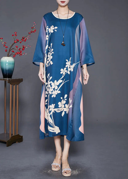 Beautiful Navy Oversized Print Silk Long Dress Fall Ada Fashion