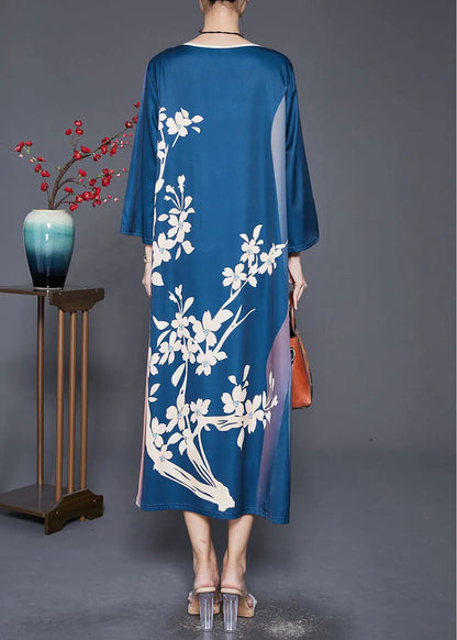 Beautiful Navy Oversized Print Silk Long Dress Fall Ada Fashion