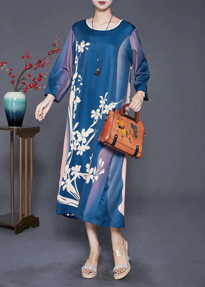 Beautiful Navy Oversized Print Silk Long Dress Fall Ada Fashion