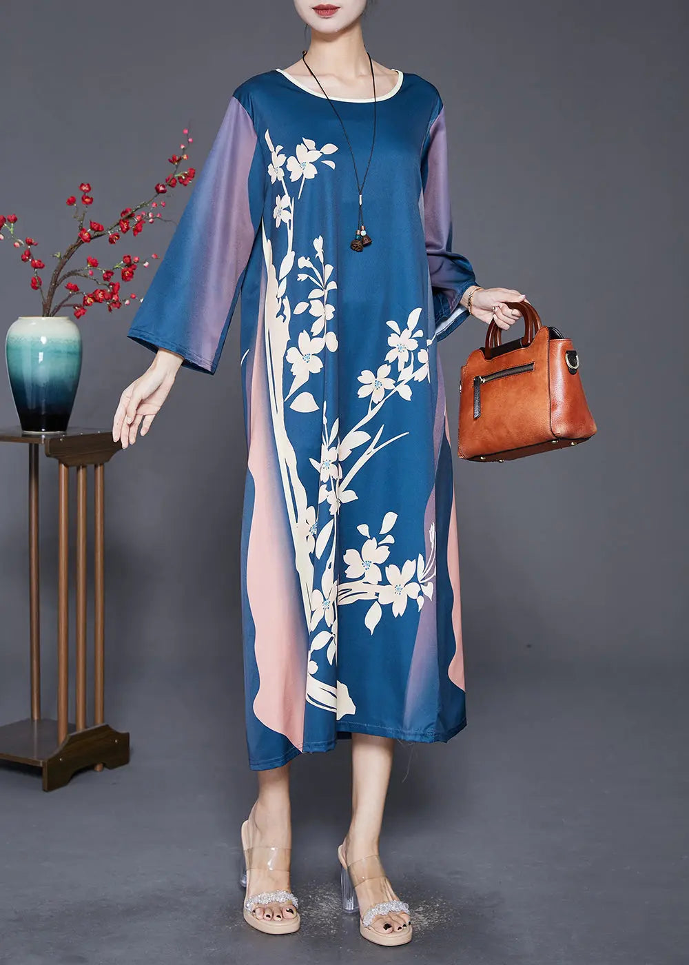 Beautiful Navy Oversized Print Silk Long Dress Fall Ada Fashion