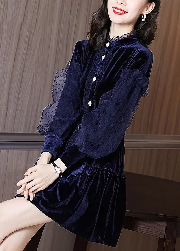 Beautiful Navy Ruffled Tie Waist Patchwork Velour Dresses Puff Sleeve Ada Fashion