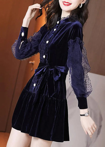 Beautiful Navy Ruffled Tie Waist Patchwork Velour Dresses Puff Sleeve Ada Fashion