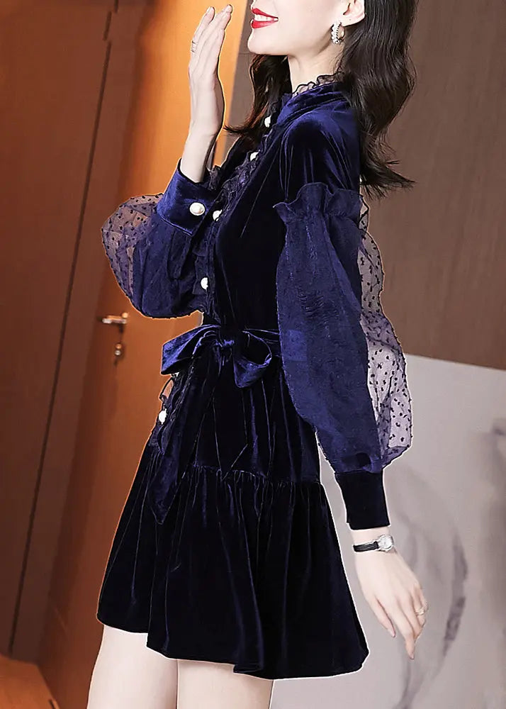 Beautiful Navy Ruffled Tie Waist Patchwork Velour Dresses Puff Sleeve Ada Fashion