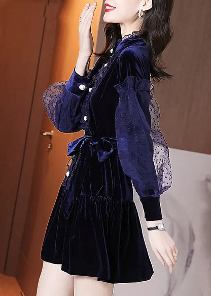 Beautiful Navy Ruffled Tie Waist Patchwork Velour Dresses Puff Sleeve Ada Fashion