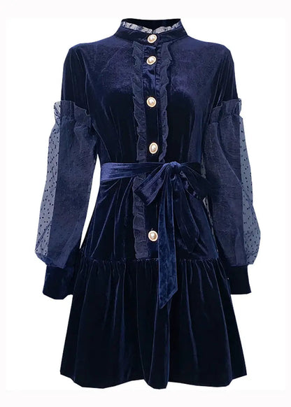 Beautiful Navy Ruffled Tie Waist Patchwork Velour Dresses Puff Sleeve Ada Fashion