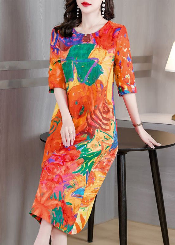 Beautiful Orange O Neck Print Patchwork Silk Dress Summer LY4618 - fabuloryshop