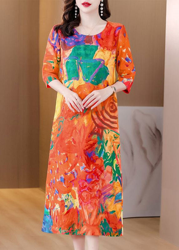 Beautiful Orange O Neck Print Patchwork Silk Dress Summer LY4618 - fabuloryshop