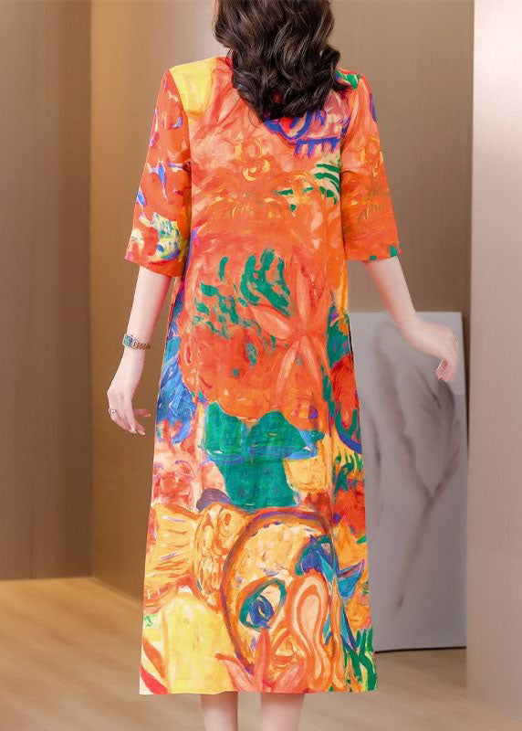 Beautiful Orange O Neck Print Patchwork Silk Dress Summer LY4618 - fabuloryshop