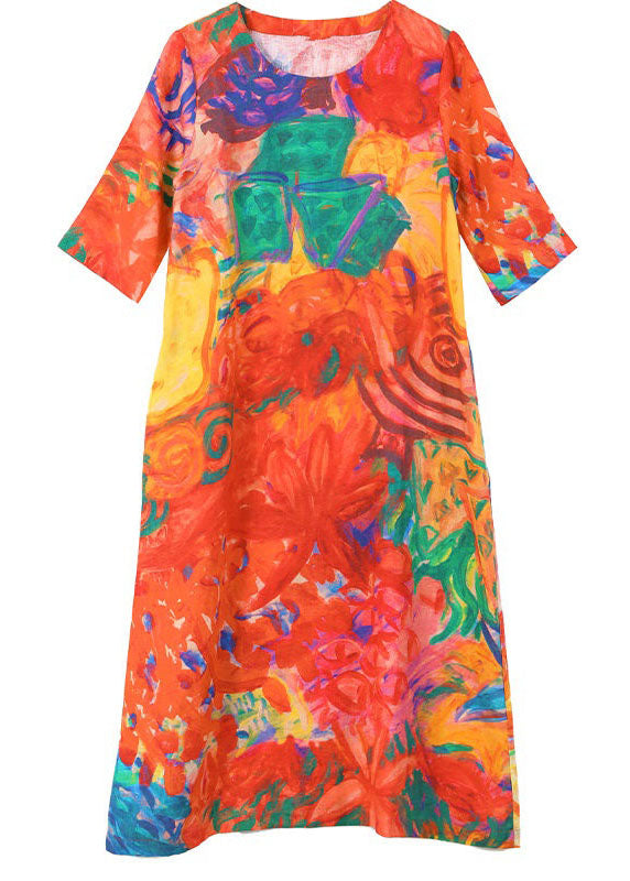 Beautiful Orange O Neck Print Patchwork Silk Dress Summer LY4618 - fabuloryshop