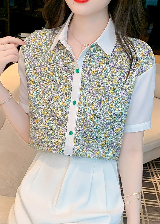 Beautiful Peter Pan Collar Print Button Chiffon Shirt Short Sleeve LY0362 - fabuloryshop