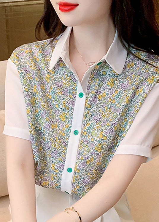 Beautiful Peter Pan Collar Print Button Chiffon Shirt Short Sleeve LY0362 - fabuloryshop