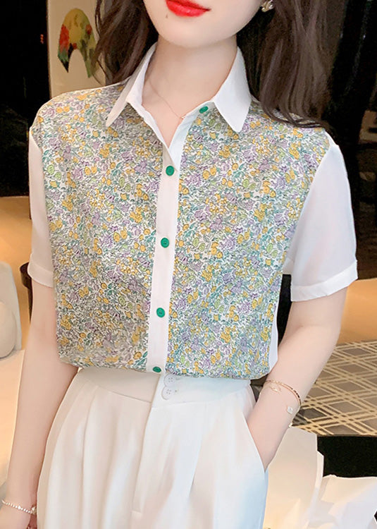 Beautiful Peter Pan Collar Print Button Chiffon Shirt Short Sleeve LY0362 - fabuloryshop