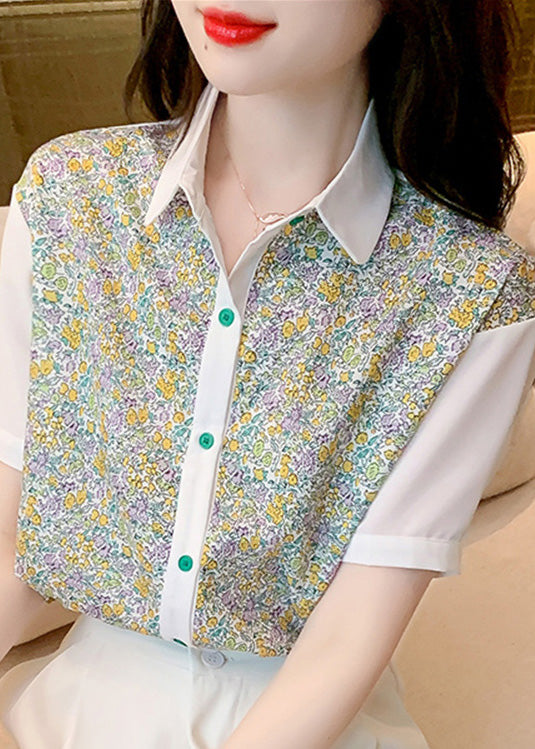 Beautiful Peter Pan Collar Print Button Chiffon Shirt Short Sleeve LY0362 - fabuloryshop