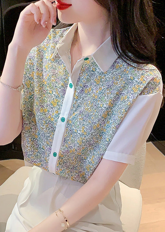 Beautiful Peter Pan Collar Print Button Chiffon Shirt Short Sleeve LY0362 - fabuloryshop