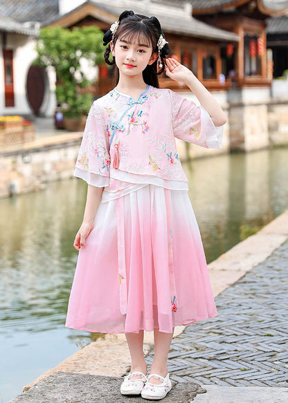 Beautiful Pink Embroideried Patchwork Button Chiffon Kids Long Dresses Half Sleeve LY5456 - fabuloryshop