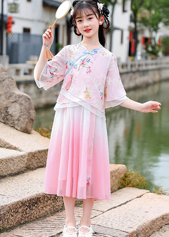 Beautiful Pink Embroideried Patchwork Button Chiffon Kids Long Dresses Half Sleeve LY5456 - fabuloryshop