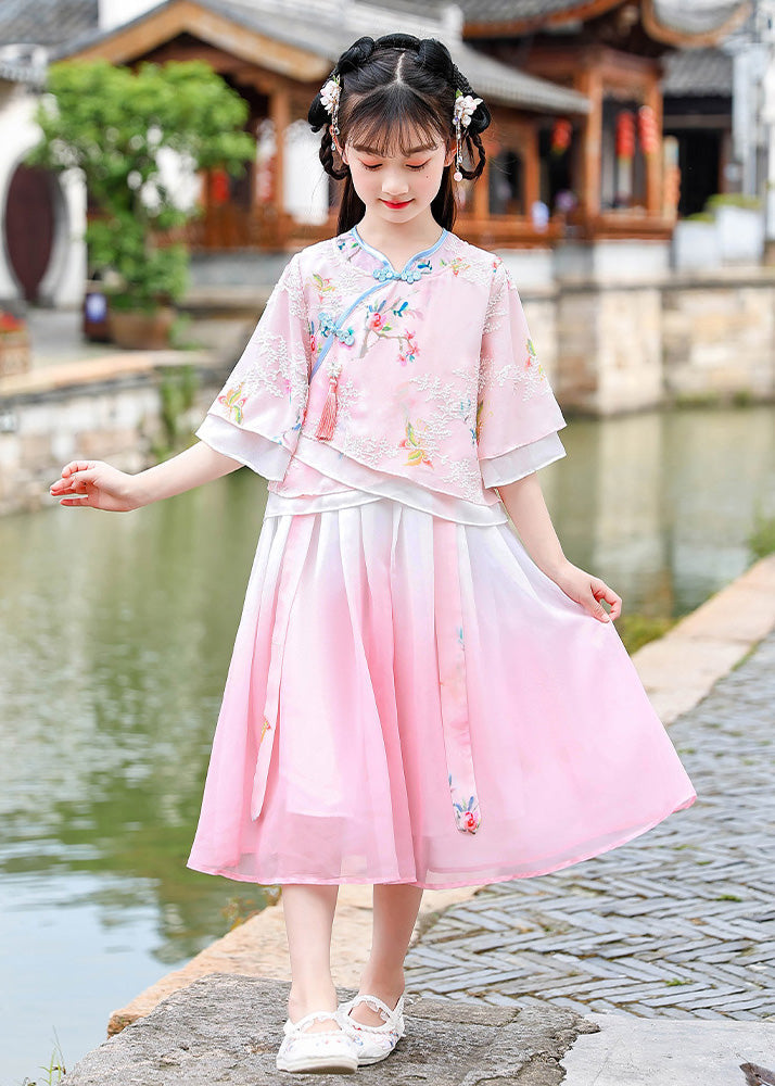 Beautiful Pink Embroideried Patchwork Button Chiffon Kids Long Dresses Half Sleeve LY5456 - fabuloryshop