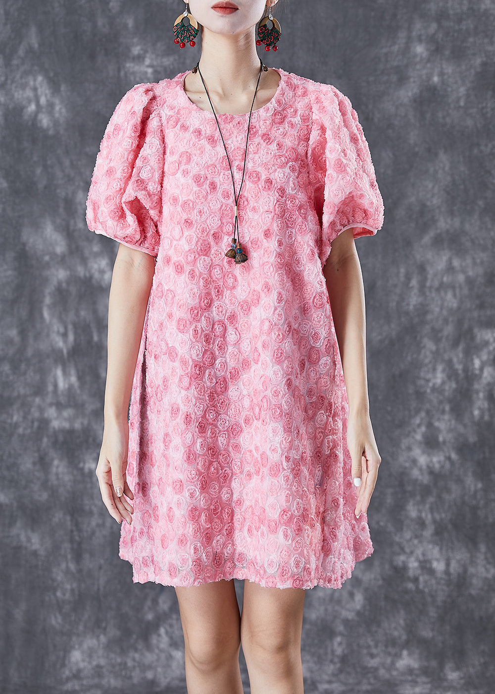 Beautiful Pink Floral Silk Mid Dresses Puff Sleeve TD1028 - fabuloryshop