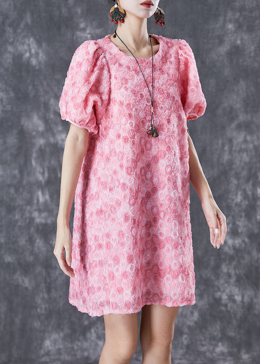 Beautiful Pink Floral Silk Mid Dresses Puff Sleeve TD1028 - fabuloryshop