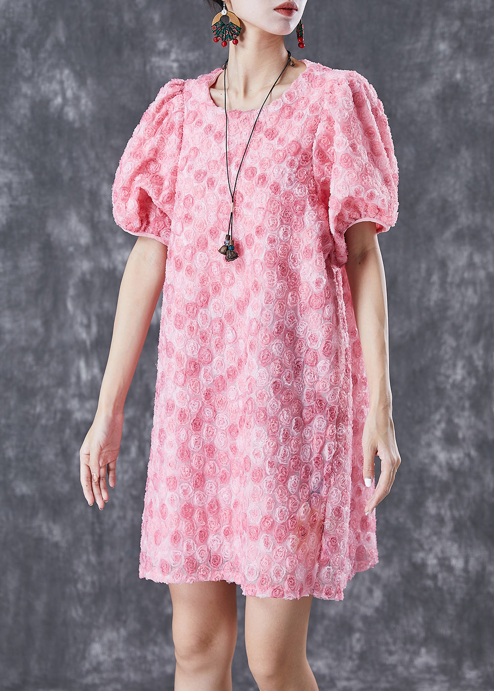 Beautiful Pink Floral Silk Mid Dresses Puff Sleeve TD1028 - fabuloryshop