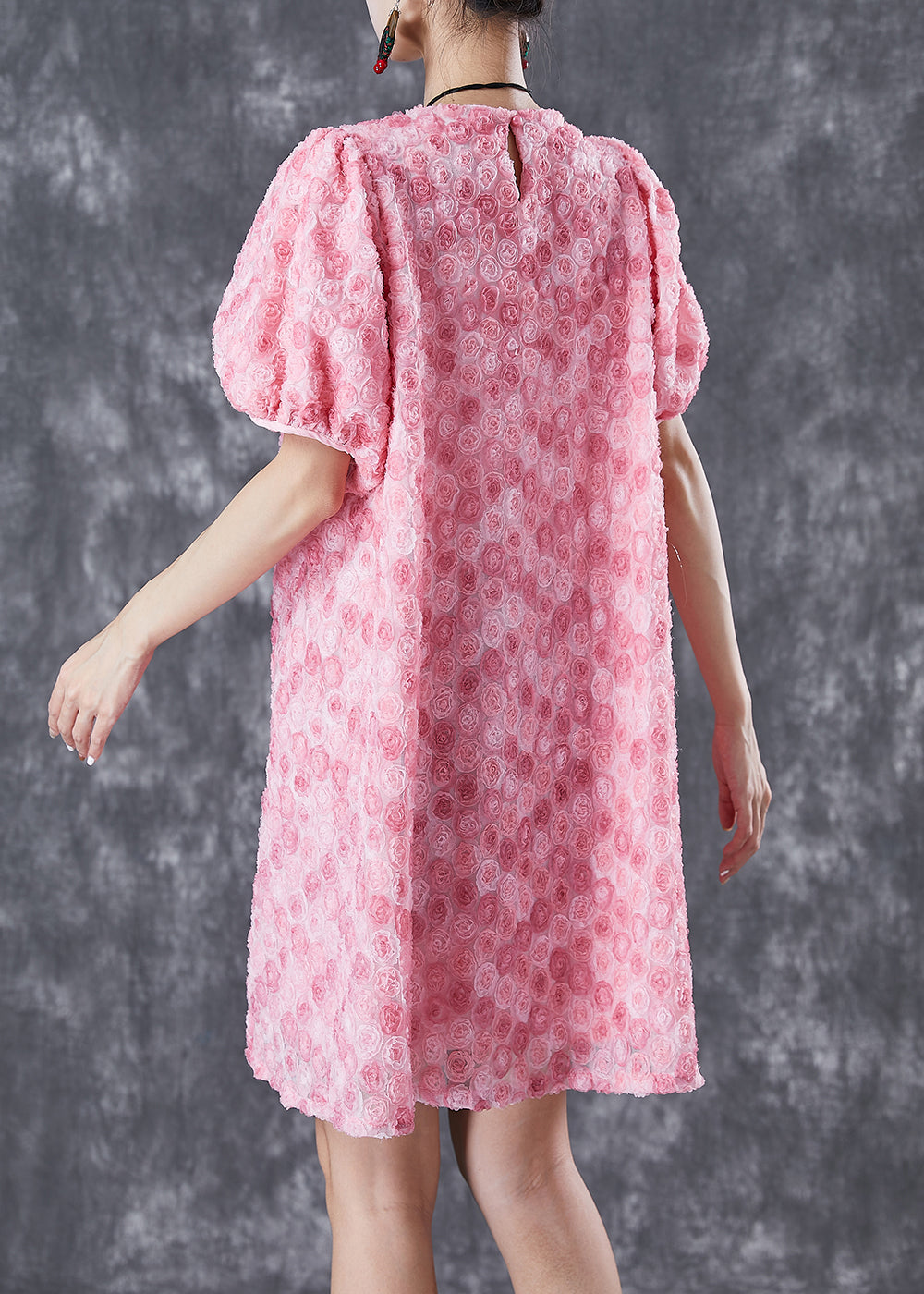 Beautiful Pink Floral Silk Mid Dresses Puff Sleeve TD1028 - fabuloryshop