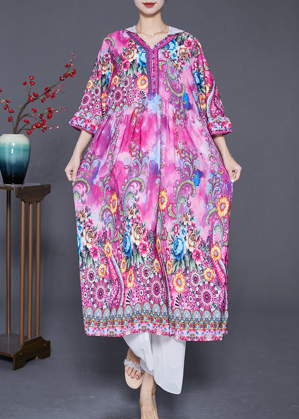 Beautiful Pink Hooded Print Silk Vacation Dresses Bracelet Sleeve Ada Fashion