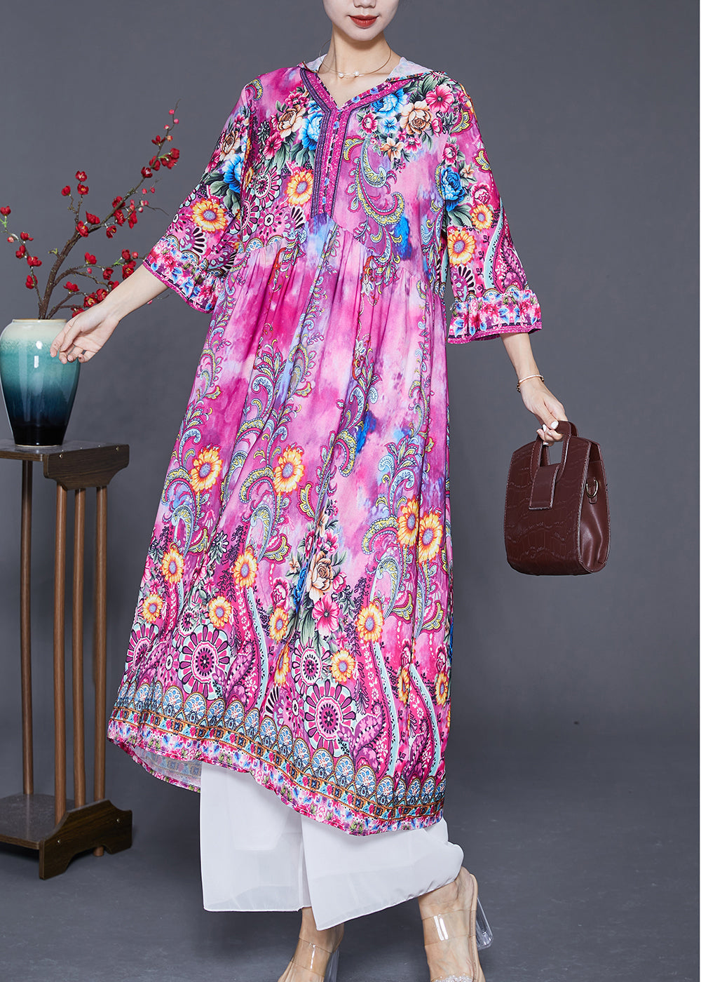 Beautiful Pink Hooded Print Silk Vacation Dresses Bracelet Sleeve Ada Fashion