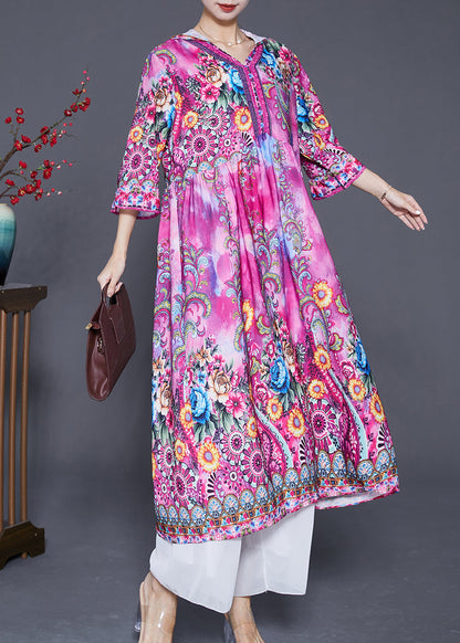 Beautiful Pink Hooded Print Silk Vacation Dresses Bracelet Sleeve Ada Fashion