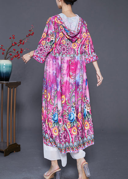 Beautiful Pink Hooded Print Silk Vacation Dresses Bracelet Sleeve Ada Fashion