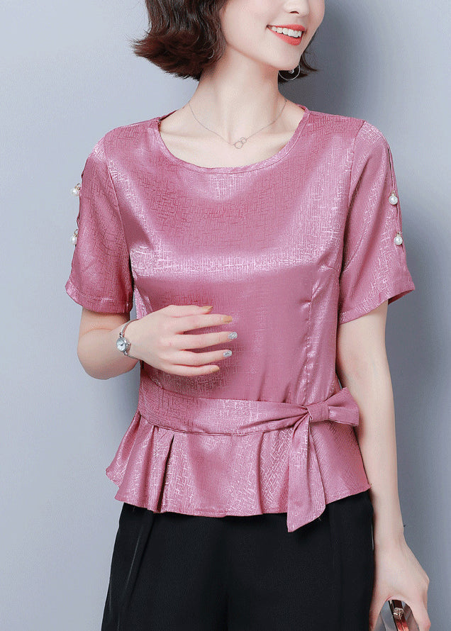 Beautiful Pink O-Neck Cinched Silk Shirt Summer LY0424 - fabuloryshop