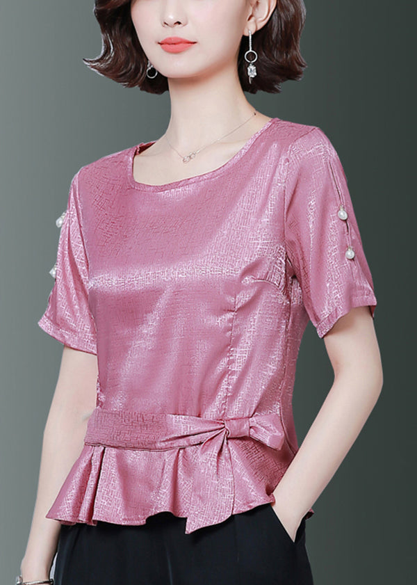 Beautiful Pink O-Neck Cinched Silk Shirt Summer LY0424 - fabuloryshop