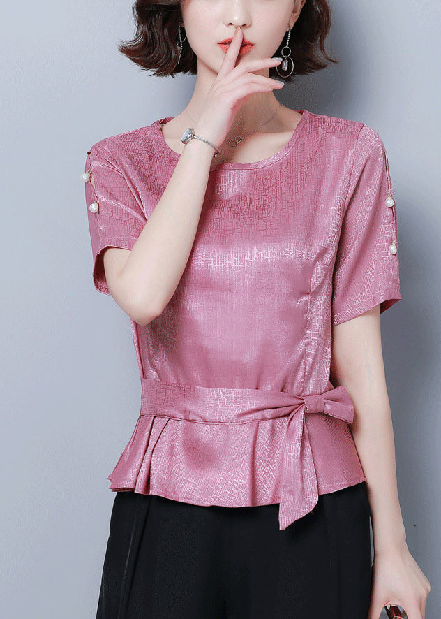 Beautiful Pink O-Neck Cinched Silk Shirt Summer LY0424 - fabuloryshop