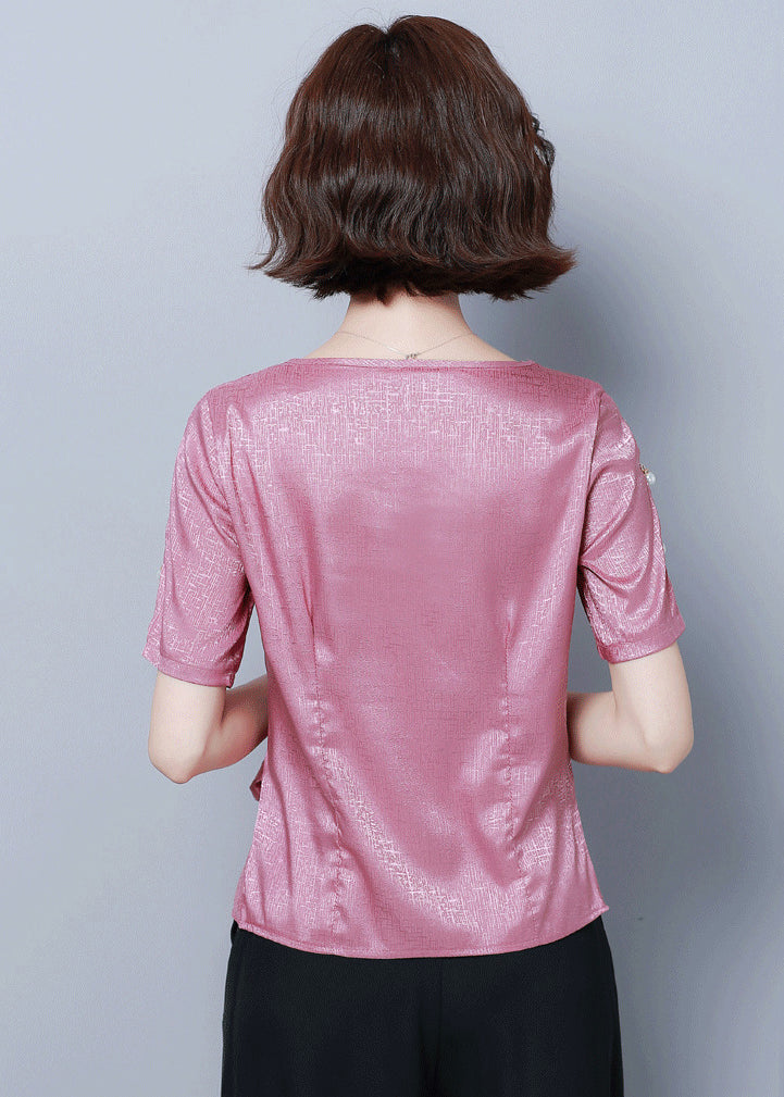 Beautiful Pink O-Neck Cinched Silk Shirt Summer LY0424 - fabuloryshop