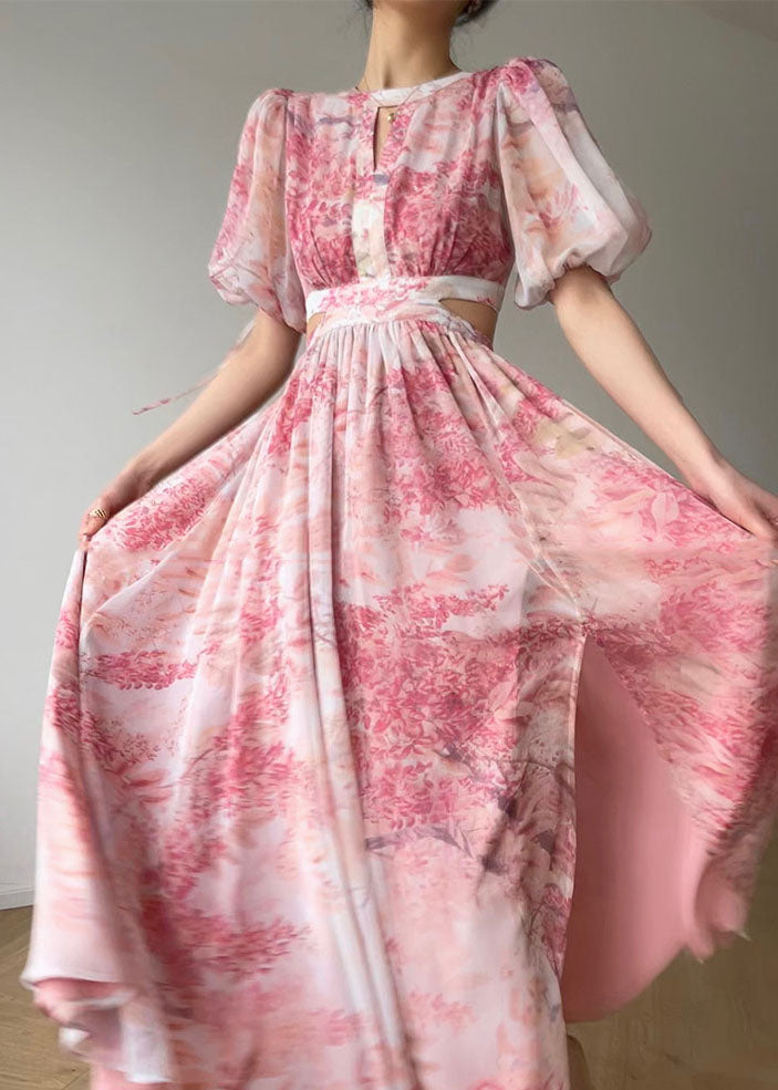 Beautiful Pink O Neck Print Side Open Silk Long Dresses Summer LC0501 - fabuloryshop