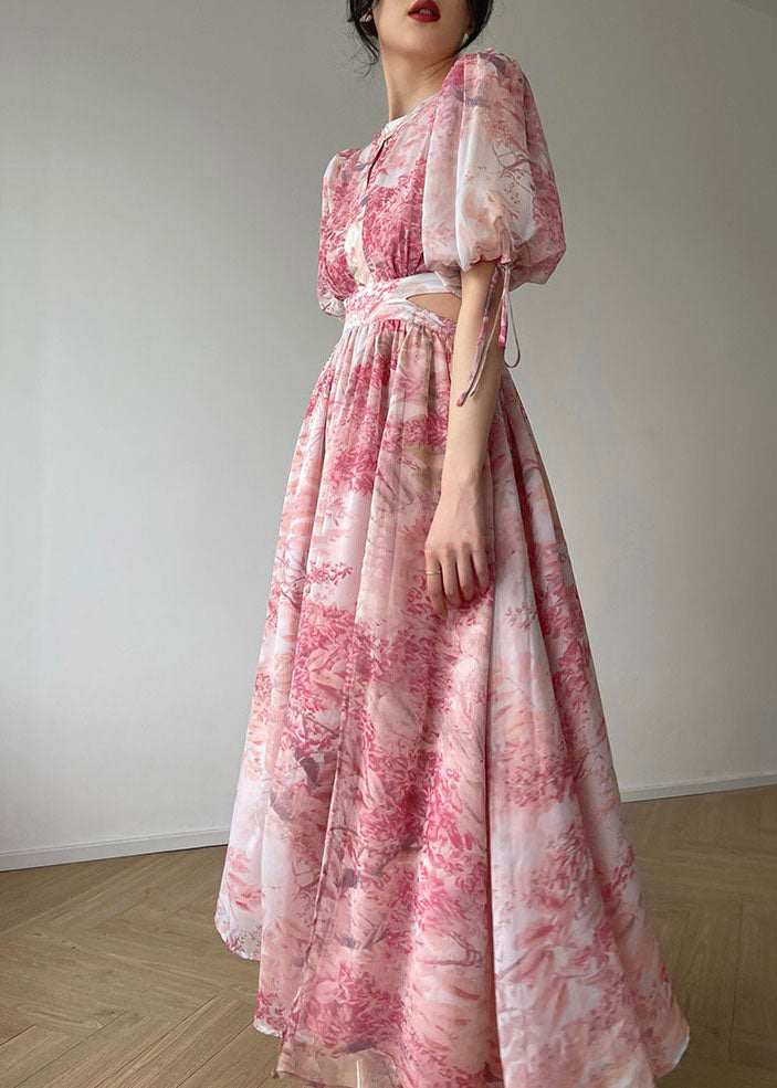 Beautiful Pink O Neck Print Side Open Silk Long Dresses Summer LC0501 - fabuloryshop