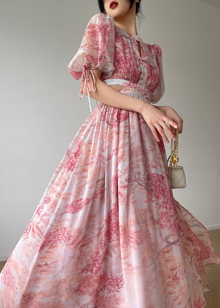 Beautiful Pink O Neck Print Side Open Silk Long Dresses Summer LC0501 - fabuloryshop