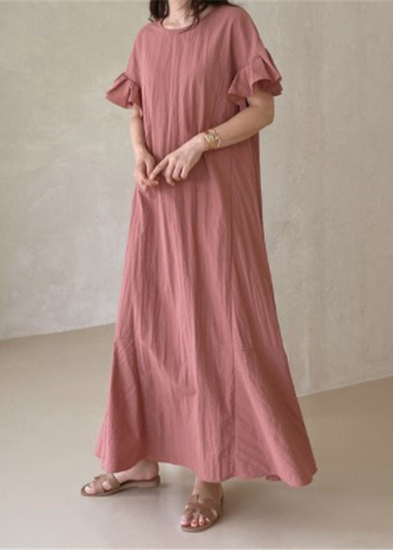 Beautiful Pink O-Neck Ruffled Patchwork Cotton Dresses Summer LC0458 - fabuloryshop