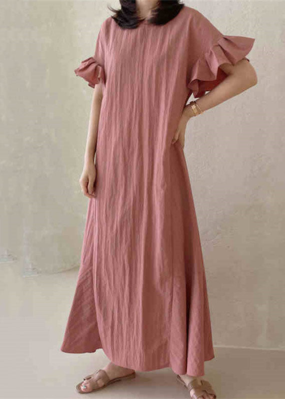 Beautiful Pink O-Neck Ruffled Patchwork Cotton Dresses Summer LC0458 - fabuloryshop