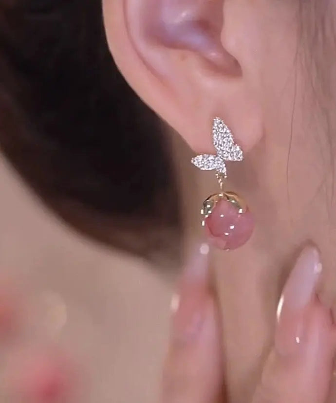 Beautiful Pink Overgild Zircon Opal Butterfly Drop Earrings Ada Fashion