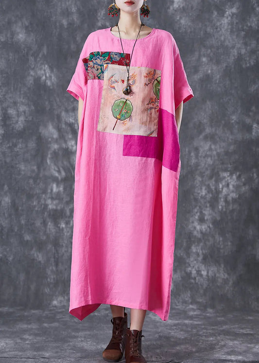 Beautiful Pink Oversized Patchwork Linen Ankle Dress Batwing Sleeve Ada Fashion